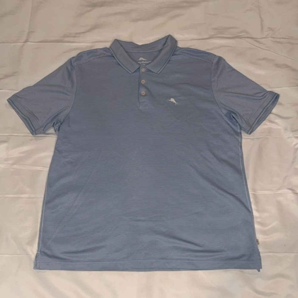 Tommy Bahama Polo Shirt Mens XL Blue Striped Short Sleeve Marlin Logo